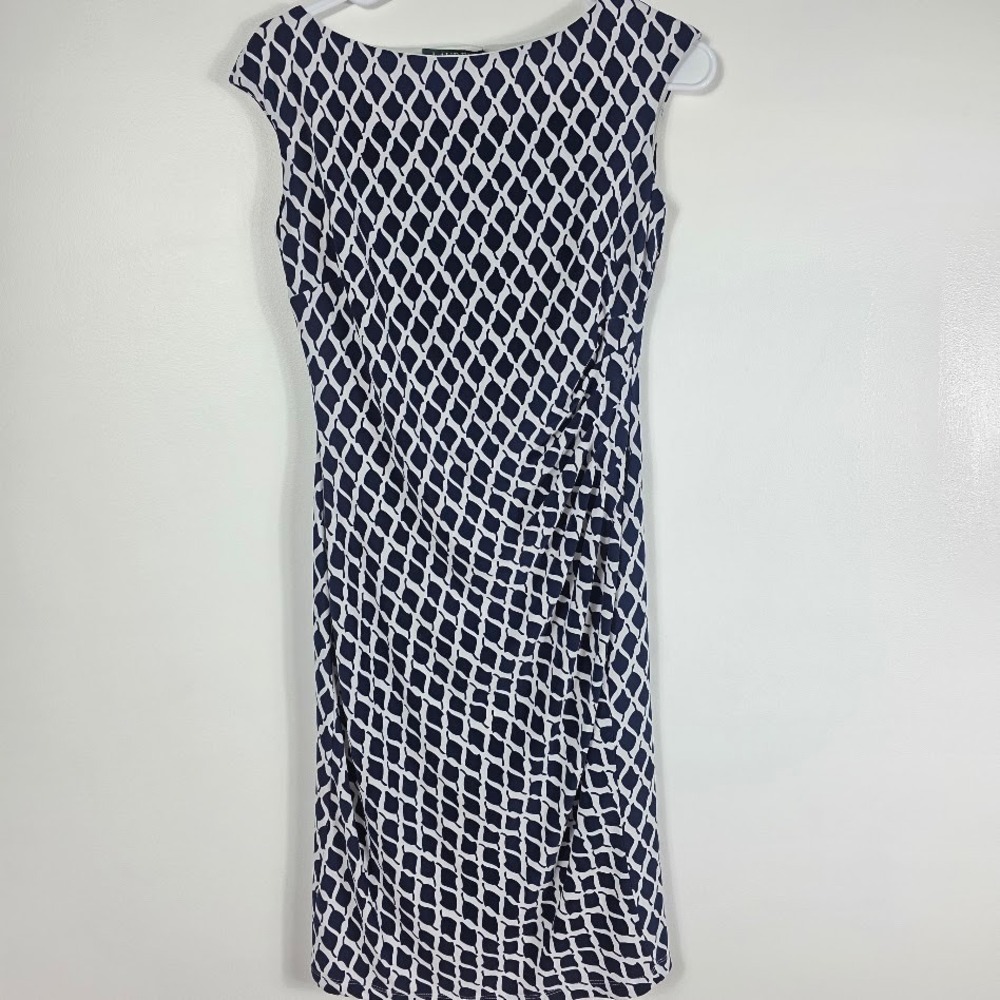 Lauren Ralph Lauren Navy White Geometric Print Sheath Dress Knee Length Size 4